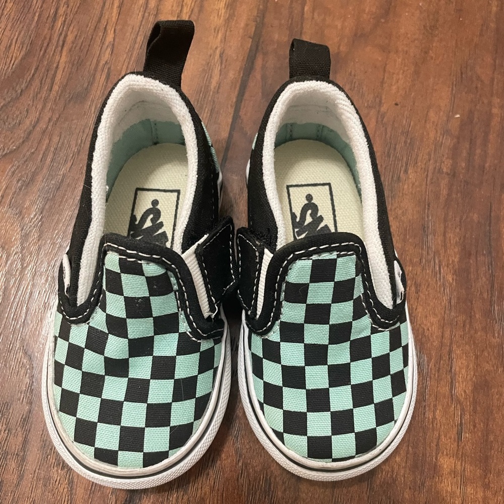 Black and teal checkered vans